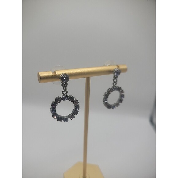 Silver Tone Drop Dangle Pierced Earrings Hoops Purple Crystal Jewelry Costume - Picture 3 of 10